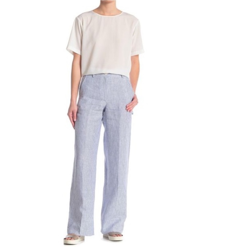 THEORY Carpenter Pants Linen Stripe Blue and White Wide Leg - Picture 2 of 10
